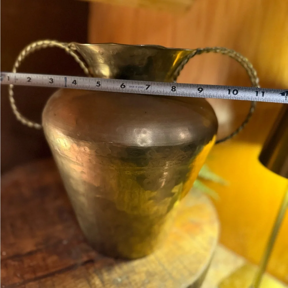 Vintage Brass Vase Featuring A Scalloped Rim And Twisted Rope-Style Handles.